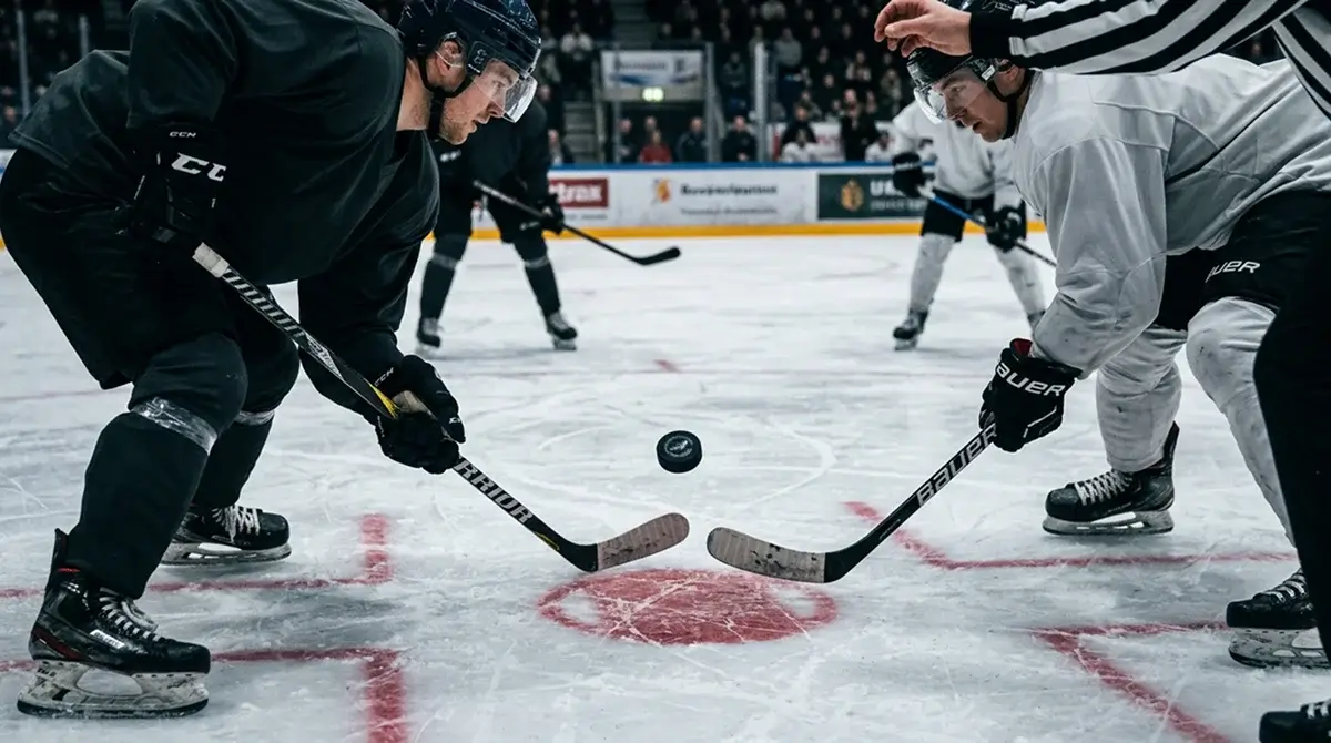 Bully-Situation in einem NHL-Spiel mit Puck im Faceoff-Kreis als Ausgangsmoment für Moneyline-, Puck-Line- und Totals-Wetten