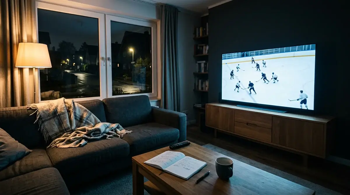 Fernseher in einem deutschen Wohnzimmer zeigt spätabends ein NHL-Spiel — typische Szene für Live-Wetten ab drei Uhr deutscher Zeit