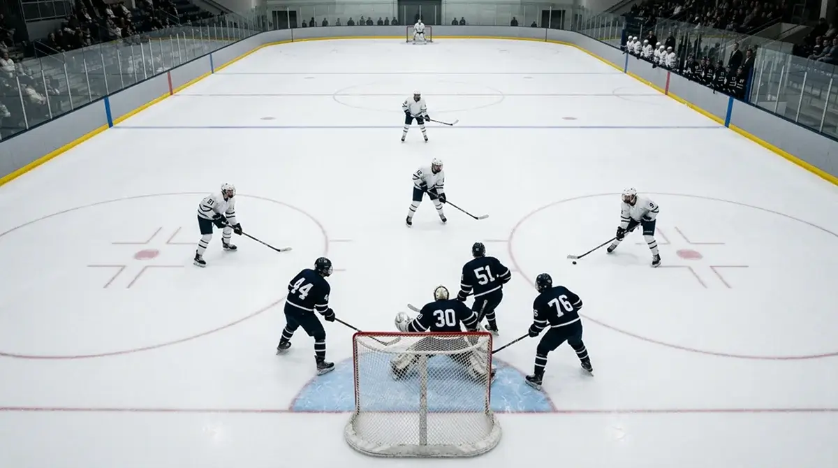 Powerplay-Situation in der NHL mit fünf Feldspielern gegen vier in Überzahl als visuelle Grundlage für Spezialteam-Statistik und Wettstrategien